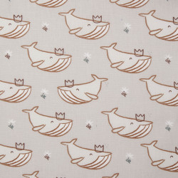 Printed Cotton WHALE Light Greige / Teal